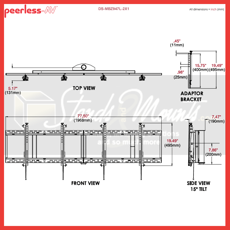 Peerless-AV Menu Board Ceiling Mount DS-MBZ947L-2X1, multi-display wall mount technical dimensions diagram