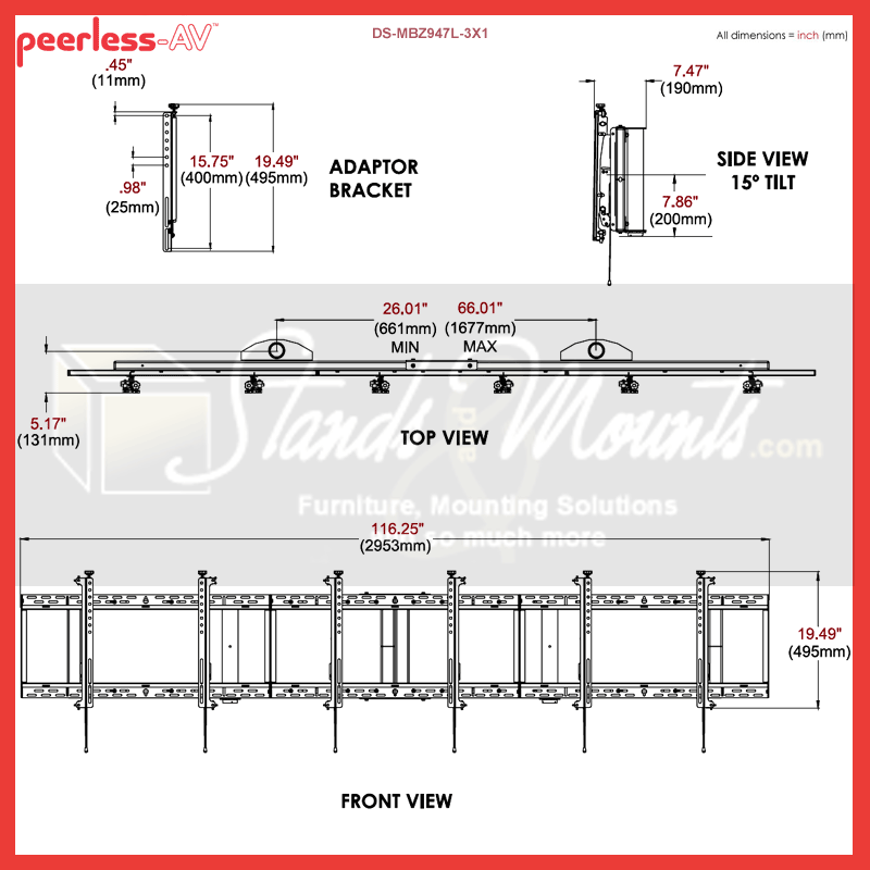 Peerless-AV Menu Board Ceiling Mount DS-MBZ947L-3X1, triple-display wall mount dimensions diagram
