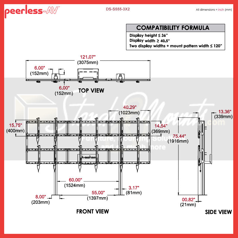 Peerless-AV Video Wall Bolt Down Stand DS-S555-3X2, three-by-two video wall mount technical dimensions