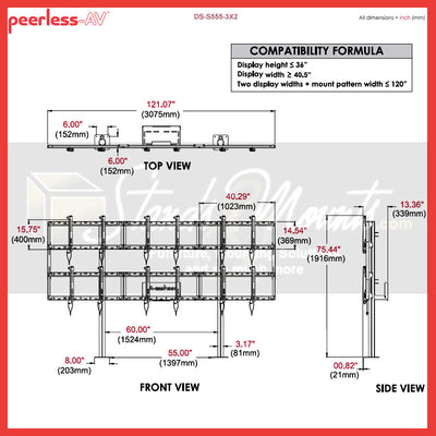 Peerless-AV Video Wall Bolt Down Stand DS-S555-3X2, three-by-two video wall mount technical dimensions