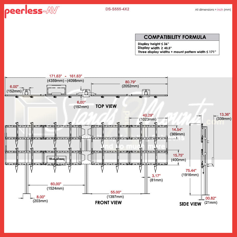 Peerless-AV Video Wall Bolt Down Stand DS-S555-4X2, mobile video wall cart technical dimensions from multiple views