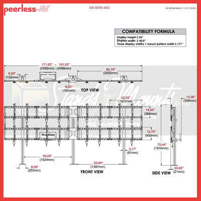 Peerless-AV Video Wall Bolt Down Stand DS-S555-4X2, mobile video wall cart technical dimensions from multiple views