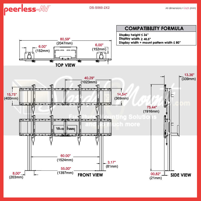 Peerless-AV Video Wall Bolt Down Stand DS-S560-2X2, multi-display wall technical dimensions