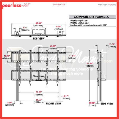 Peerless-AV Video Wall Bolt Down Stand DS-S560-2X2, multi-display wall technical dimensions