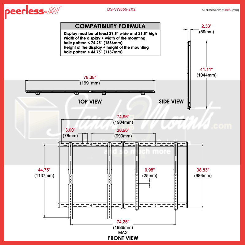 Peerless-AV Video Wall Mount DS-VW655-2X2, video wall mounting frame compatibility dimensions diagram