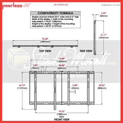 Peerless-AV Video Wall Mount DS-VW655-2X2, video wall mounting frame compatibility dimensions diagram