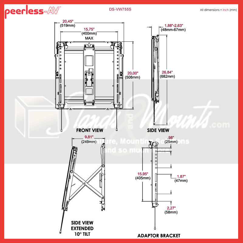 Peerless-AV Full Service Video Wall Mount DS-VW755S, video wall mount technical dimensions
