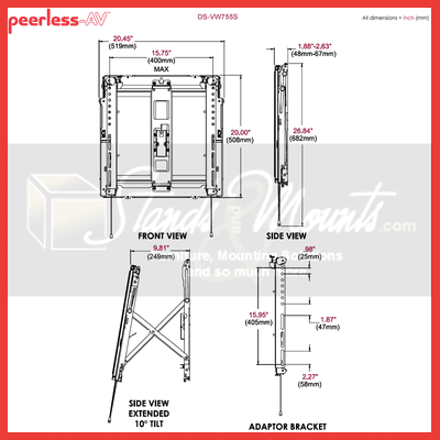 Peerless-AV Full Service Video Wall Mount DS-VW755S, video wall mount technical dimensions