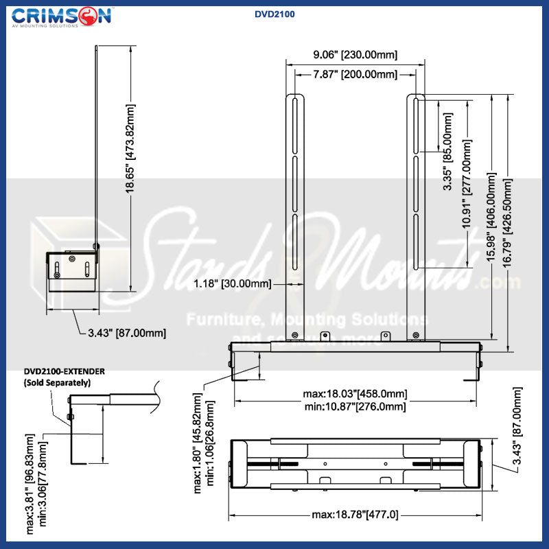 Crimson DVD2100 Component Mount for Articulating or Ceiling Mounts, soundbar mounting bracket dimensions diagram