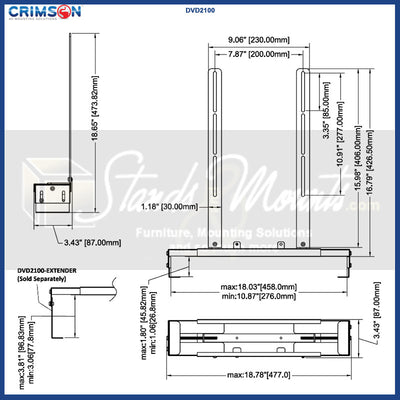 Crimson DVD2100 Component Mount for Articulating or Ceiling Mounts, soundbar mounting bracket dimensions diagram