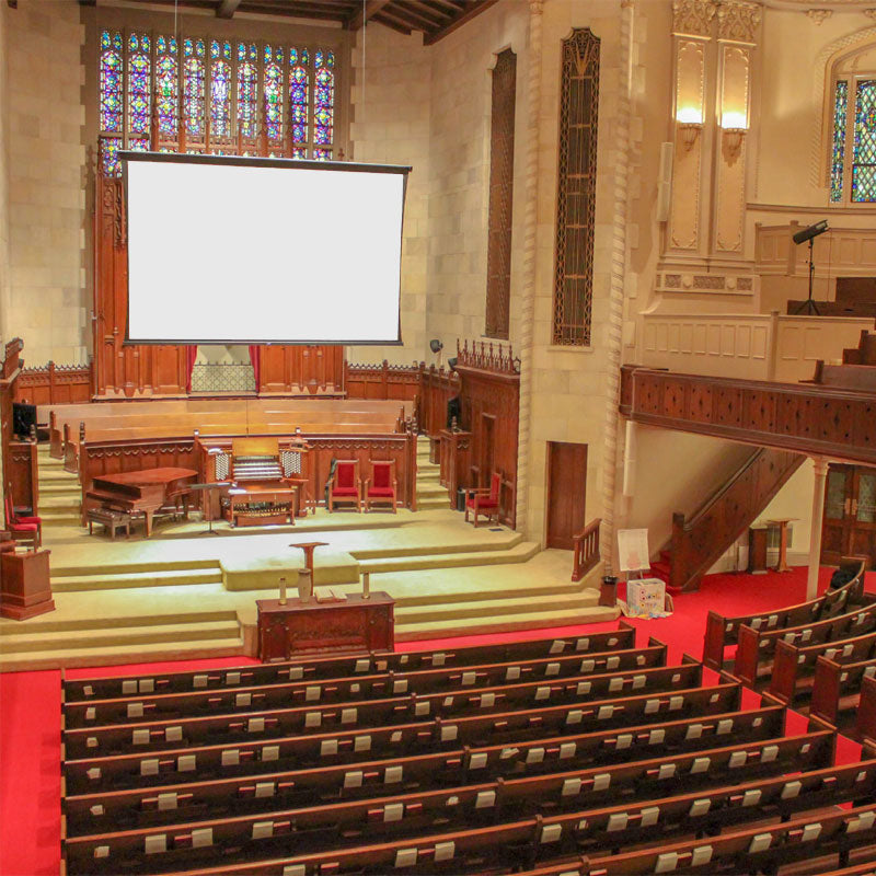 Da-Lite 29875G Tensioned Wireline Advantage, portable projection screen installed in church