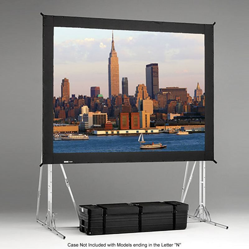 Da-Lite 99865N Fast-Fold Truss Frame Projection Screen, portable projection screen front view with city skyline display and case