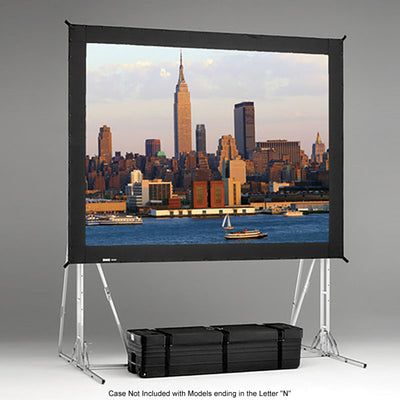 Da-Lite 99865N Fast-Fold Truss Frame Projection Screen, portable projection screen front view with city skyline display and case