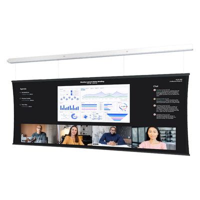 Da-Lite DL15691BL Tensioned Advantage REC Electric Screen, front view with videoconference display