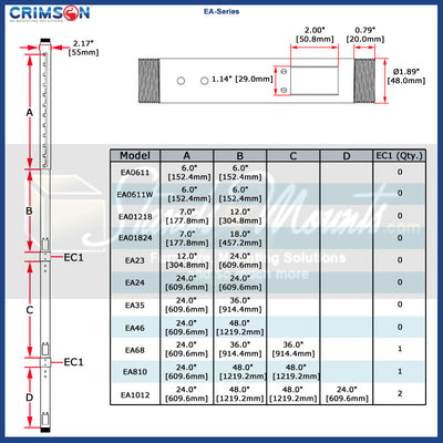 Crimson EA Series Adjustable Extension Column EA1012, extension column dimensions chart