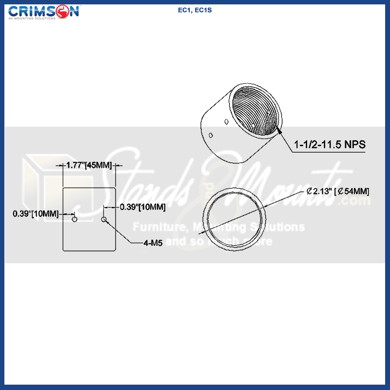Crimson Pipe Connector EC1, EC1W, threaded extension coupler technical dimensions