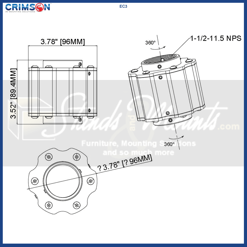 Crimson Rotating Tube Connector EC3, rotating ceiling adapter technical dimensions diagram