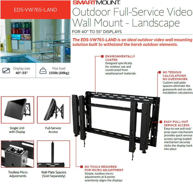 Peerless-AV Full Service Video Wall Mount EDS-VW765-LAND, outdoor full-service video wall mount feature diagram