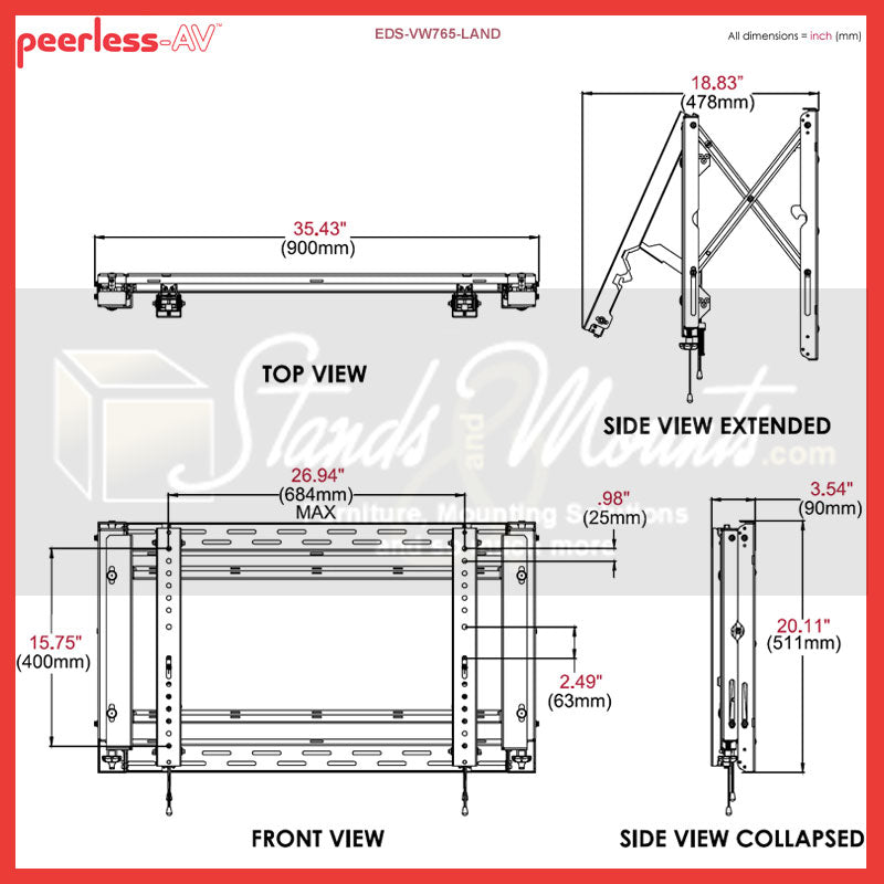 Peerless-AV Full Service Video Wall Mount EDS-VW765-LAND, outdoor video wall mount dimensions diagram