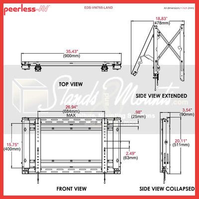 Peerless-AV Full Service Video Wall Mount EDS-VW765-LAND, outdoor video wall mount dimensions diagram