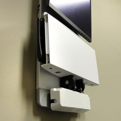 Ergotron Vertical Lift Auto-Retracting Keyboard Upgrade Kit 97-487-800, white wall-mounted workstation side close-up
