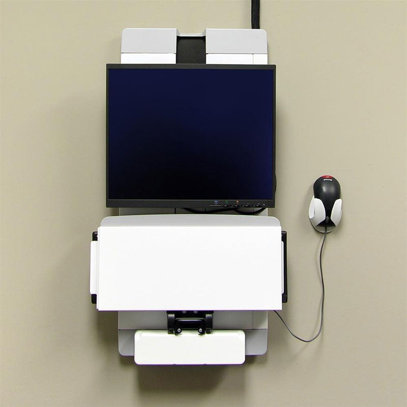 Ergotron Vertical Lift Auto-Retracting Keyboard Upgrade Kit 97-487-800, white wall-mounted workstation front view