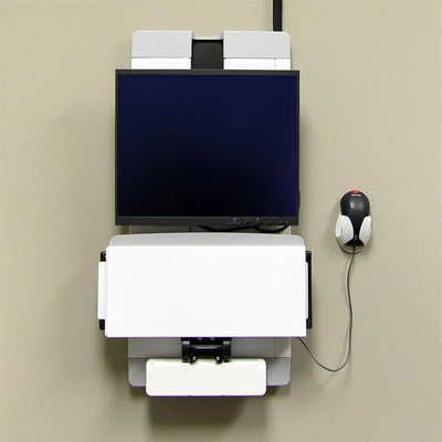 Ergotron Vertical Lift Auto-Retracting Keyboard Upgrade Kit 97-487-800, white wall-mounted workstation front view