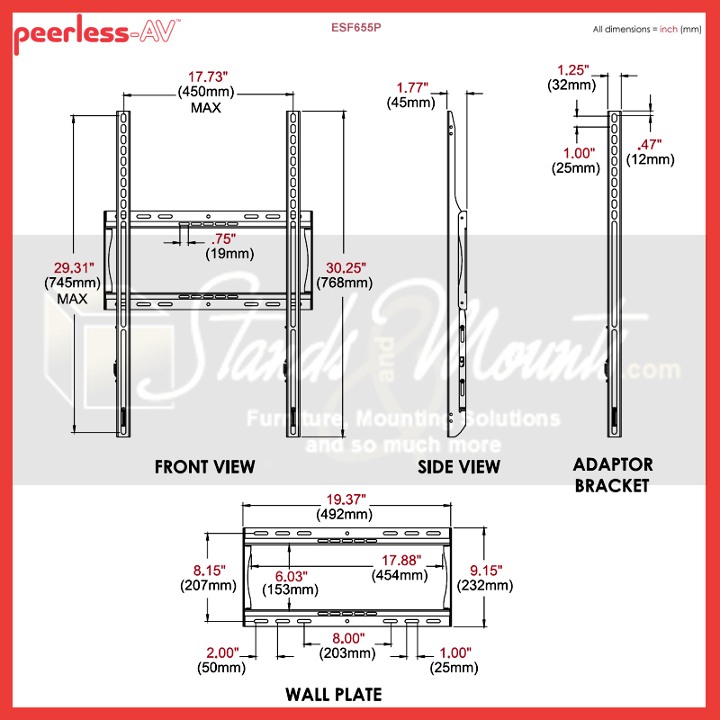 Peerless-AV Large Flat TV Mount ESF655P, fixed wall mount technical dimensions from front and side views