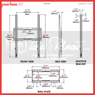 Peerless-AV Large Flat TV Mount ESF655P, fixed wall mount technical dimensions from front and side views