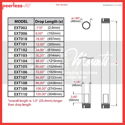 Peerless-AV Fixed Extension Column EXT101, extension column length chart