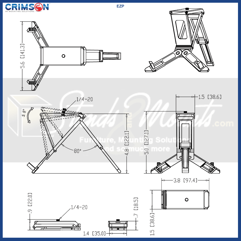 Crimson Photo-eAzl Folding Camera Stand and Tripod EZP, folding projector stand technical dimensions