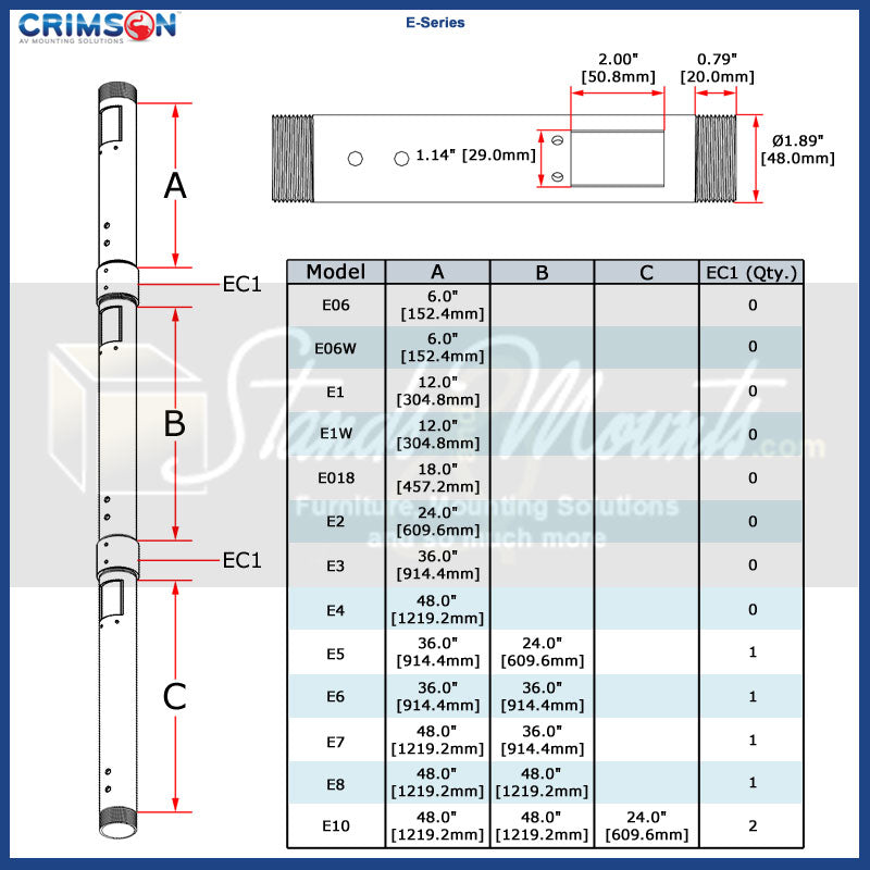 Crimson E Series Fixed Extension Column E06W, extension column dimensions chart