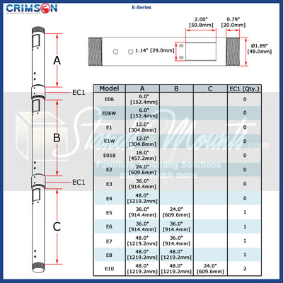 Crimson E Series Fixed Extension Column E06W, extension column dimensions chart