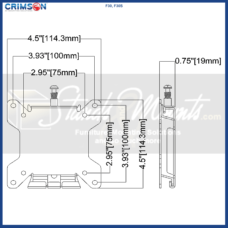 Crimson Small Fixed TV Wall Mount F30, display mounting plate dimensions diagram