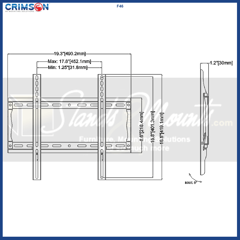 Crimson Medium Fixed TV Wall Mount F46, tilting display wall mount dimensions diagram