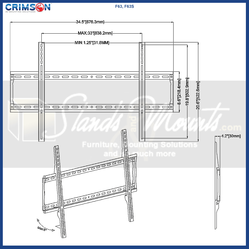 Crimson Extra Large Fixed TV Wall Mount F63, fixed wall mount technical dimensions