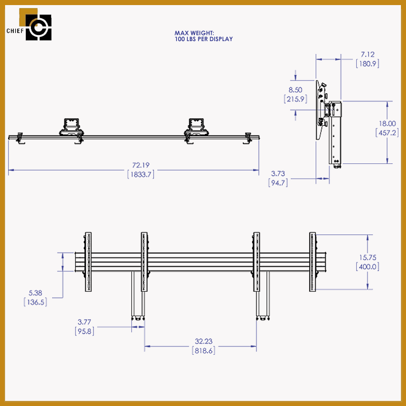 Chief FUSION 2x1 Additional Row FCA2X1U, dual-display wall mount dimensions diagram