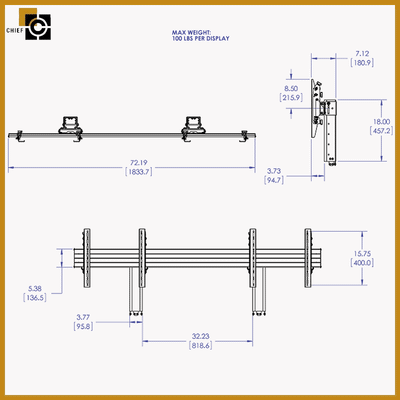 Chief FUSION 2x1 Additional Row FCA2X1U, dual-display wall mount dimensions diagram