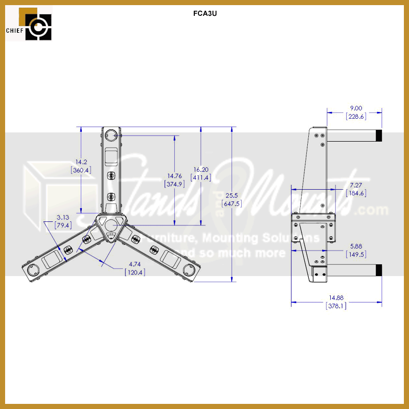 Chief Multi Directional Ceiling Triple Mount Adaptor FCA3U, three-arm ceiling adapter technical dimensions