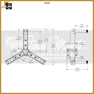 Chief Multi Directional Ceiling Triple Mount Adaptor FCA3U, three-arm ceiling adapter technical dimensions