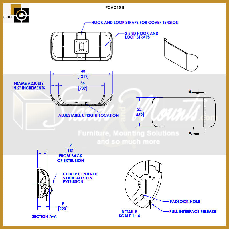Chief FUSION Back Cover Accessory FCAC1XB, display mount upright adjustment and padlock details