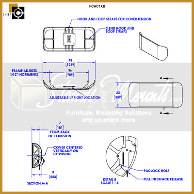 Chief FUSION Back Cover Accessory FCAC1XB, display mount upright adjustment and padlock details