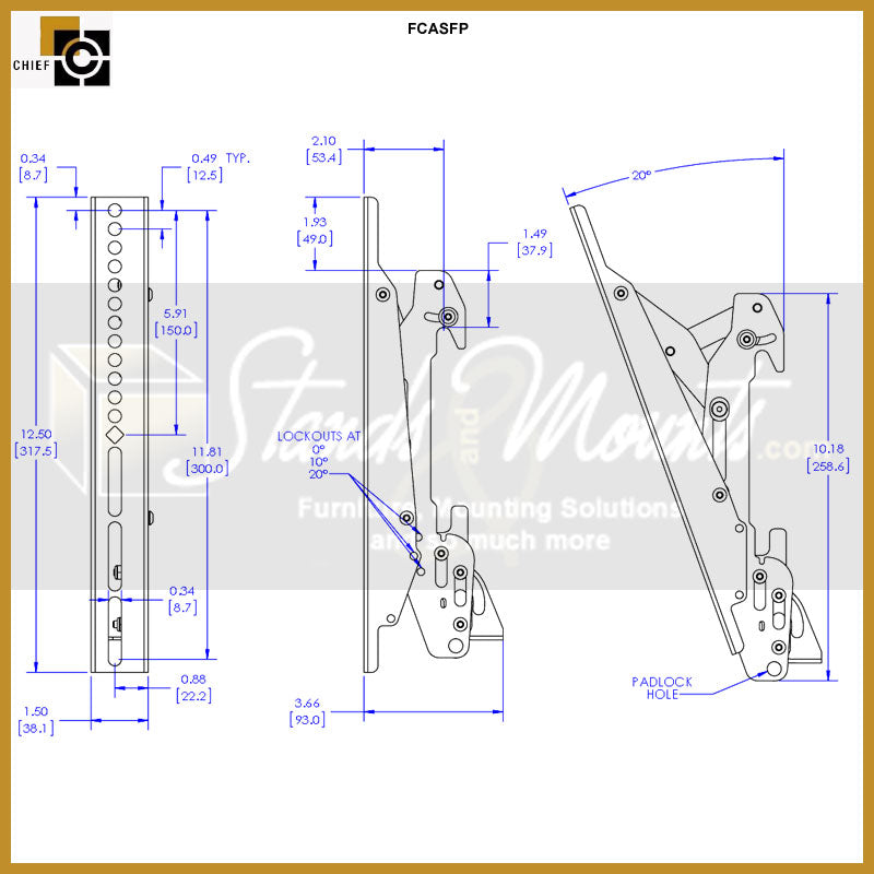 Chief Fusion Modular Small-Medium Interface FCASFP, articulating mount bracket dimensions diagram