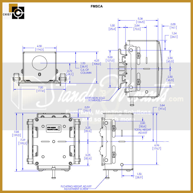 Chief Fusion Modular Floating Ceiling Box FMSCA, camera mounting accessory dimensions diagram