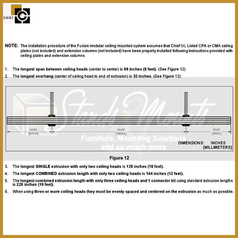 Chief Fusion Modular Floating Ceiling Box FMSCM, modular ceiling rail layout dimensions diagram