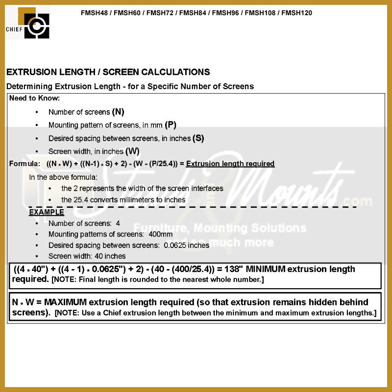 Chief Fusion Modular Extrusion Row FMSH36, video wall rail extrusion length calculation guide