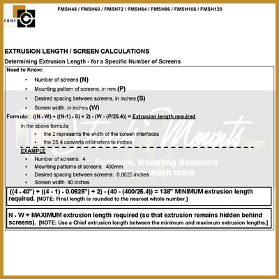 Chief Fusion Modular Extrusion Row FMSH36, video wall rail extrusion length calculation guide