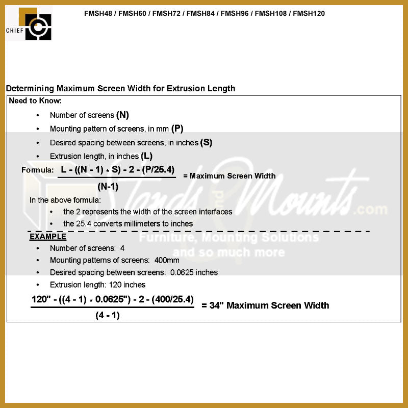 Chief Fusion Modular Extrusion Row FMSH36, video wall rail maximum screen width calculation guide
