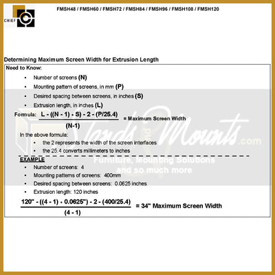 Chief Fusion Modular Extrusion Row FMSH36, video wall rail maximum screen width calculation guide