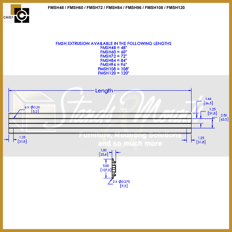 Chief Fusion Modular Extrusion Row FMSH36, video wall rail dimensions diagram